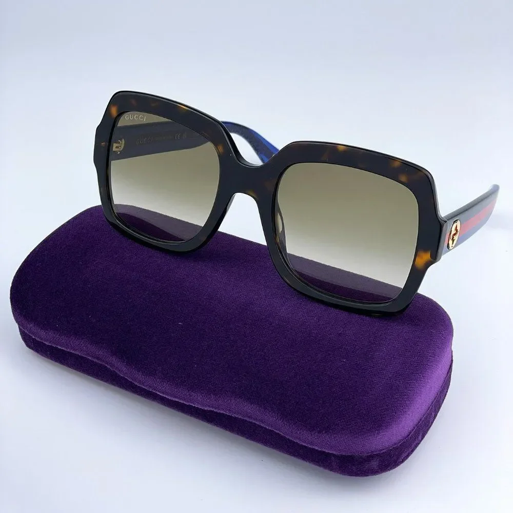 NEW Gucci GG0036SN 004 Havana Blue Brown Gradient Square Women Sunglasses